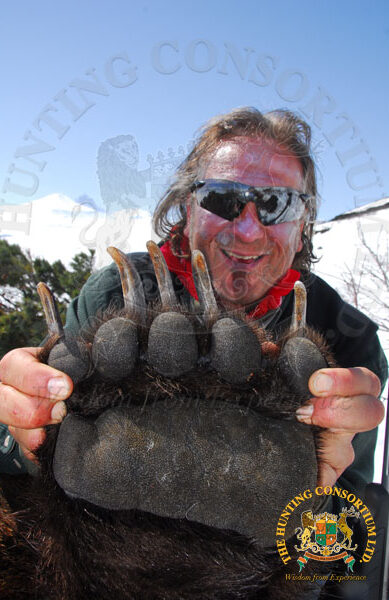 Common Grizzly Bear Hunting picture of a hunter holding up a massive brown bear paw