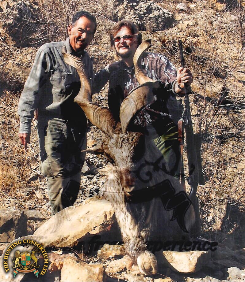Bukharan Markhor Hunting in Uzbekistan. Picture is Hector Cuellar with his Bukharan Markhor Hunting trophy from Uzbekistan in the fall of 2001.
