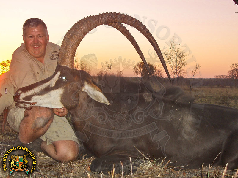 Photo of our client with his Sable Hunting in Zambia. Sable hunts in Zambia.