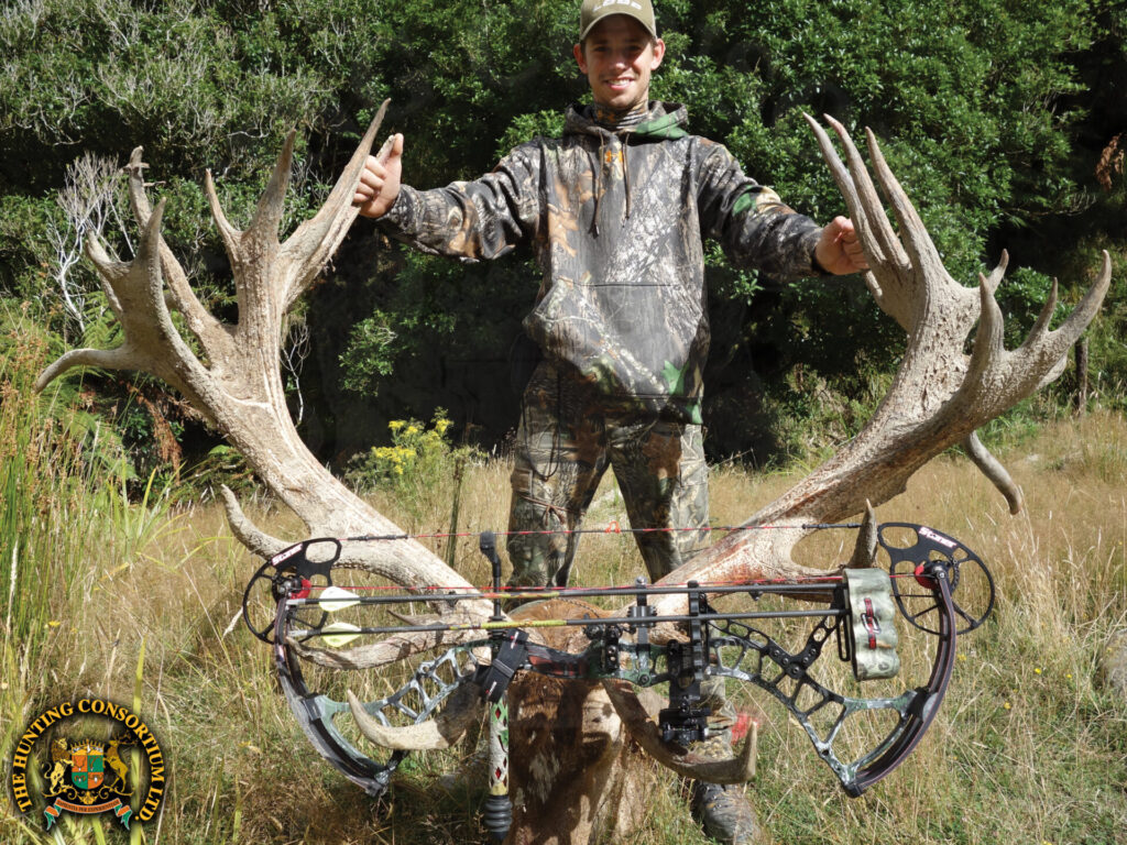 Photo of Archery Red stag hunting New Zealand trophy. Photo of Red Stag hunt in New Zealand. 470 SCI inches.