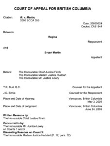 First page of the Court of Appeal for British Columbia decision in R. v. Martin, 2005 BCCA 355, listing Regina v. Bryan Martin, docket CA31544.