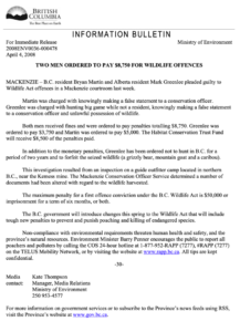 B.C. Ministry of Environment information bulletin dated April 4, 2008, titled “Two Men Ordered to Pay $8,750 for Wildlife Offences.”