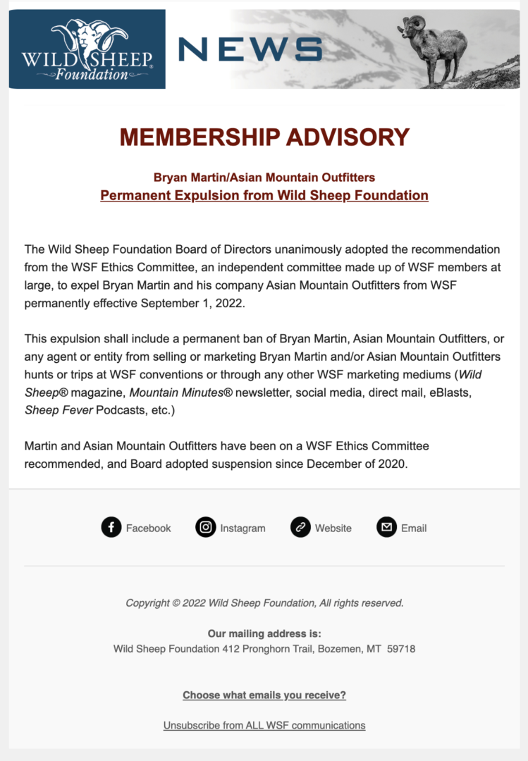 Wild Sheep Foundation membership advisory announcing the permanent expulsion of Bryan Martin and Asian Mountain Outfitters.